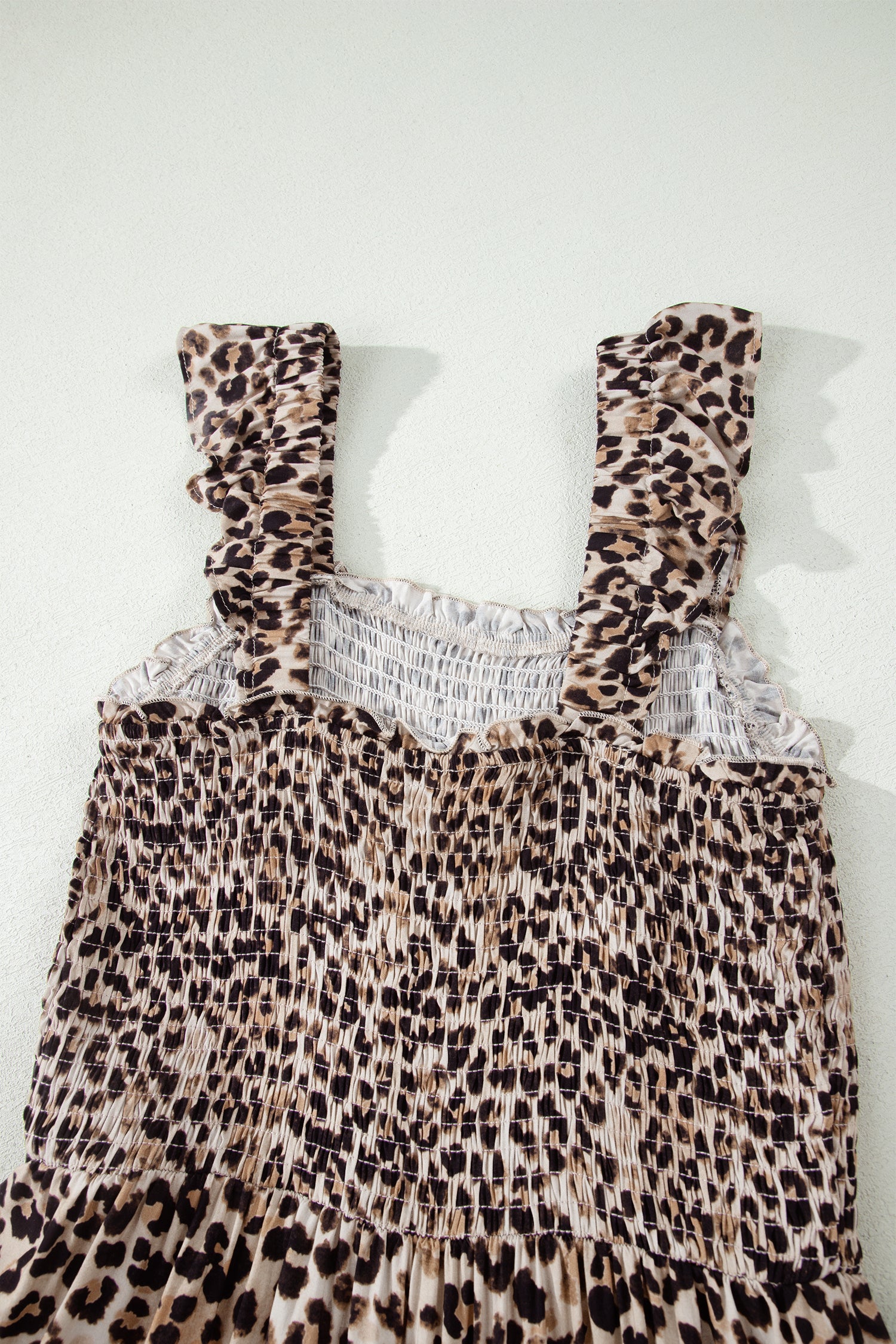 Brown Leopard Print Smocked Ruffled Strap Tiered Maxi Dress