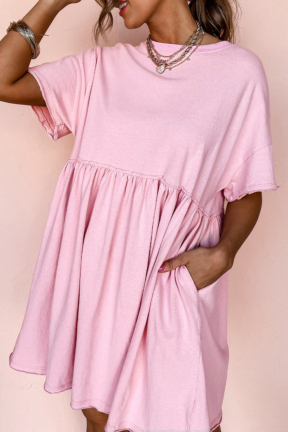 Women's Pink Jade Babydoll Mini Dress Raw Edge Pockets Sleeveless UK 8-26 at LivelyLooks