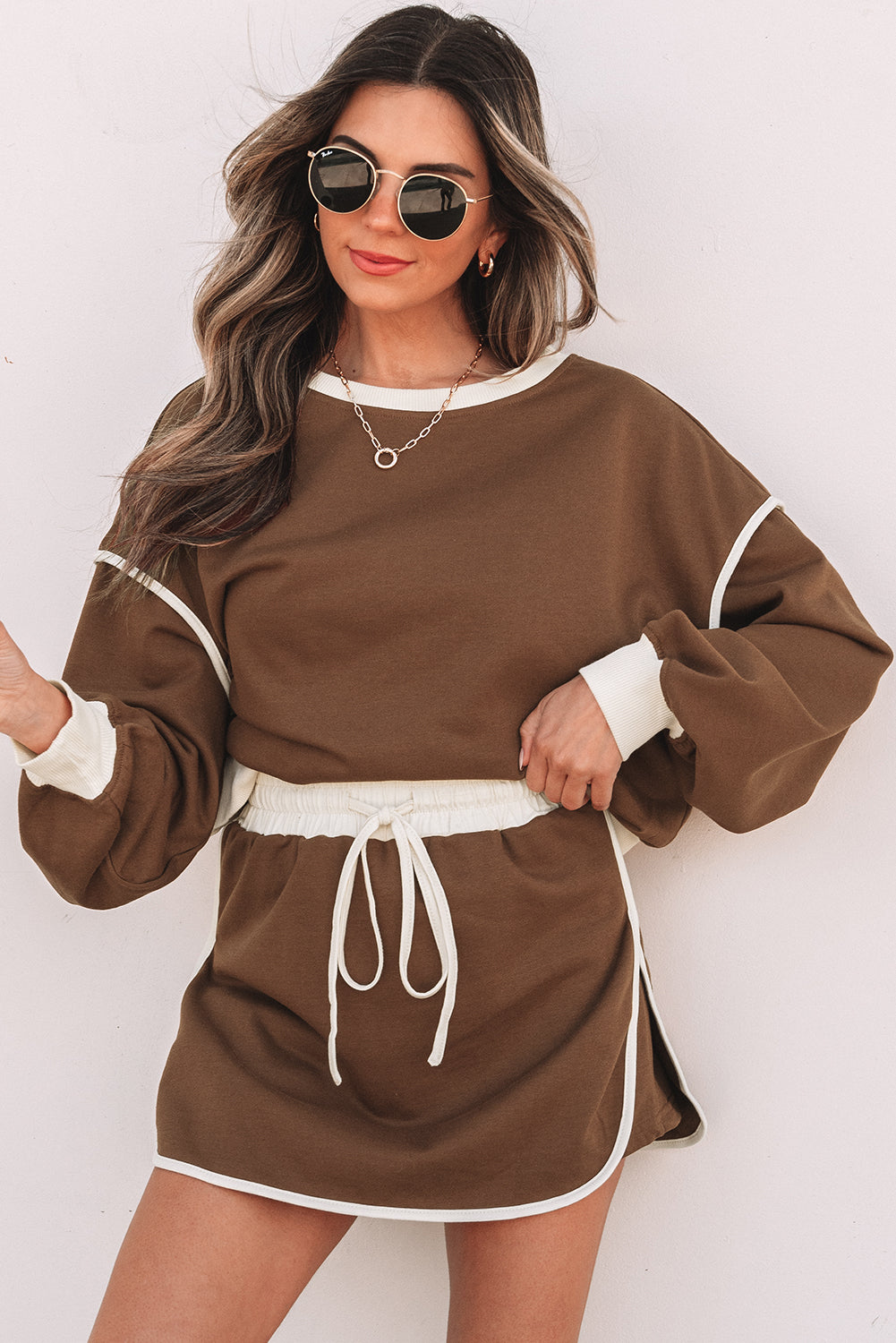 Shop Colour Contrast Loose Pullover & Lace-Up Waist Skort Set S-XL at LivelyLooks