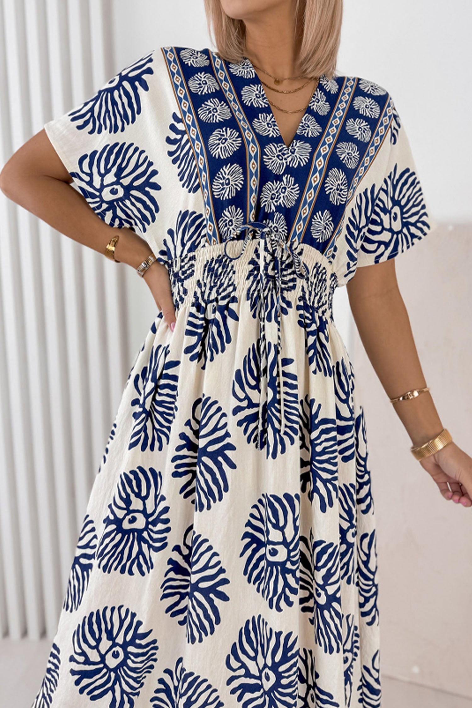 Blue Boho Floral Contrast Patchwork V-Neck Tie Waist Dolman Maxi Dress