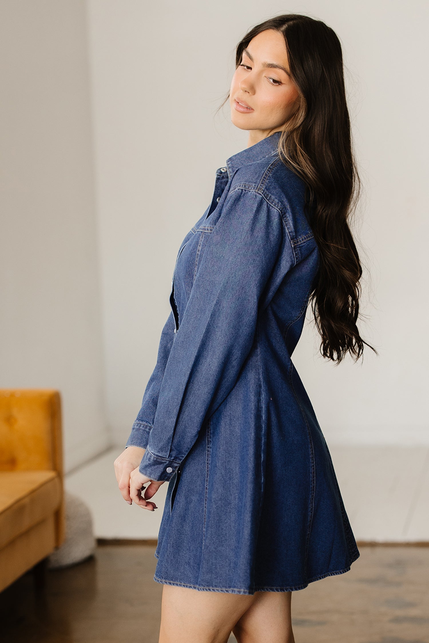 Blue Denim Shirt Collar Long Sleeve Flared Mini Dress | UK 8-22