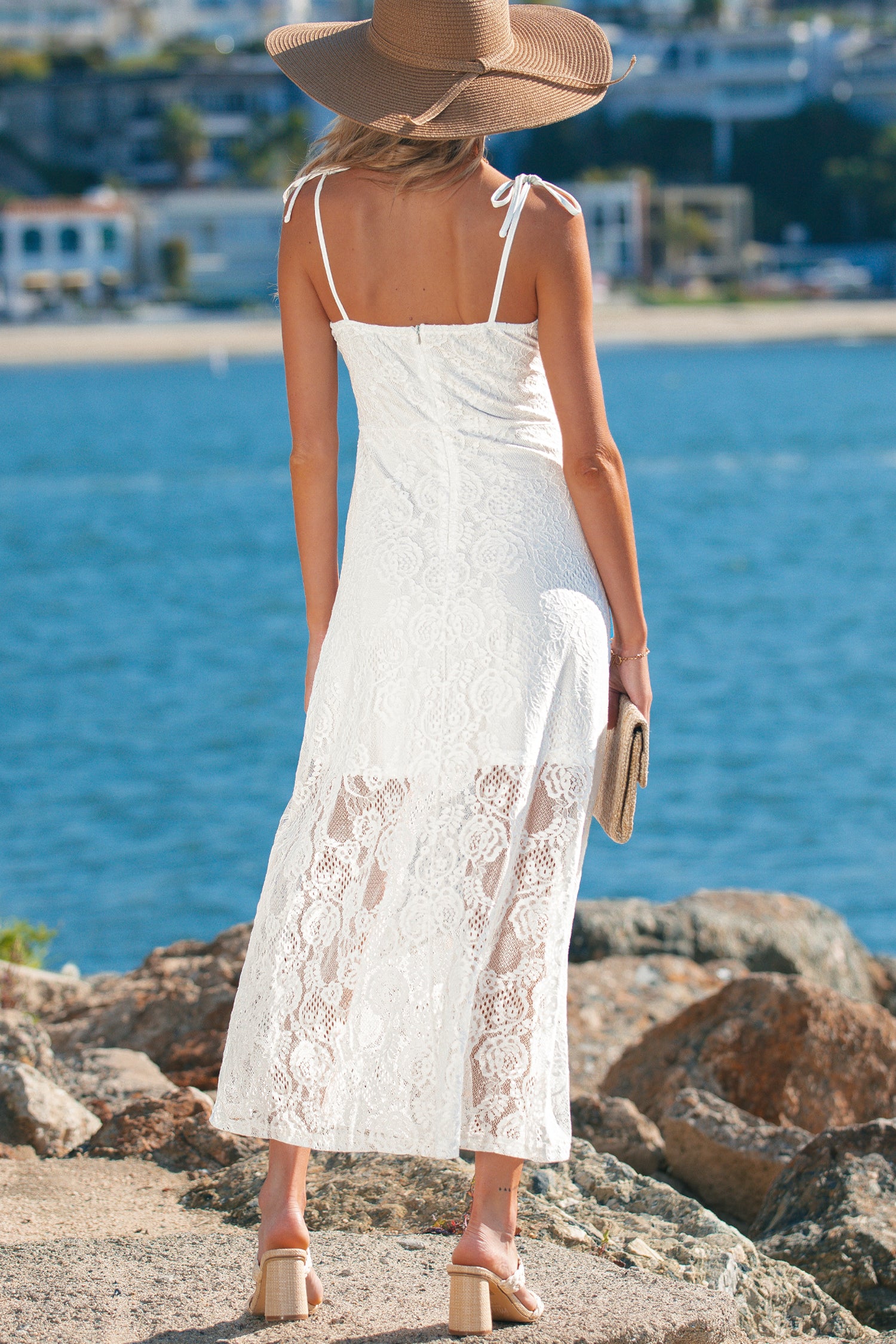 White Floral Lace Overlay Tie Spaghetti Strap Long Dress S-XL
