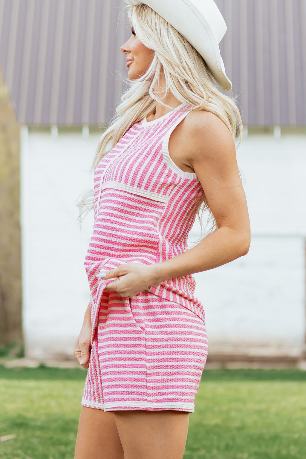 Pink Stripe Textured Contrast Trim Tank & Shorts Co-ord Set
