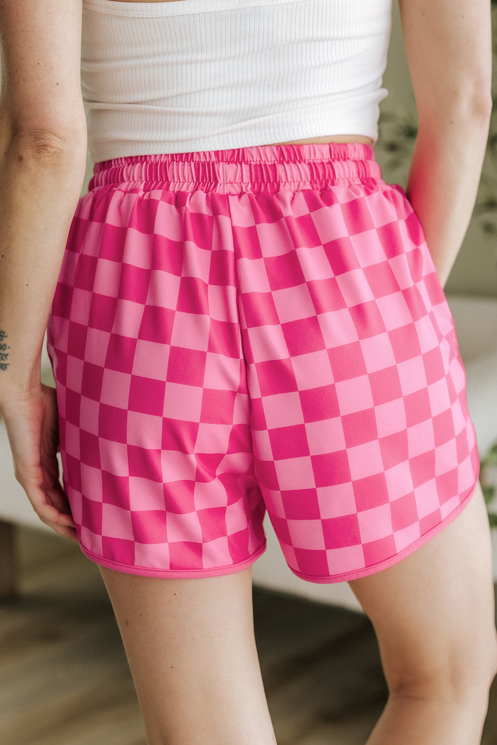 Women's Rose Checkered Drawstring Elastic Waist Casual Shorts at LivelyLooks
