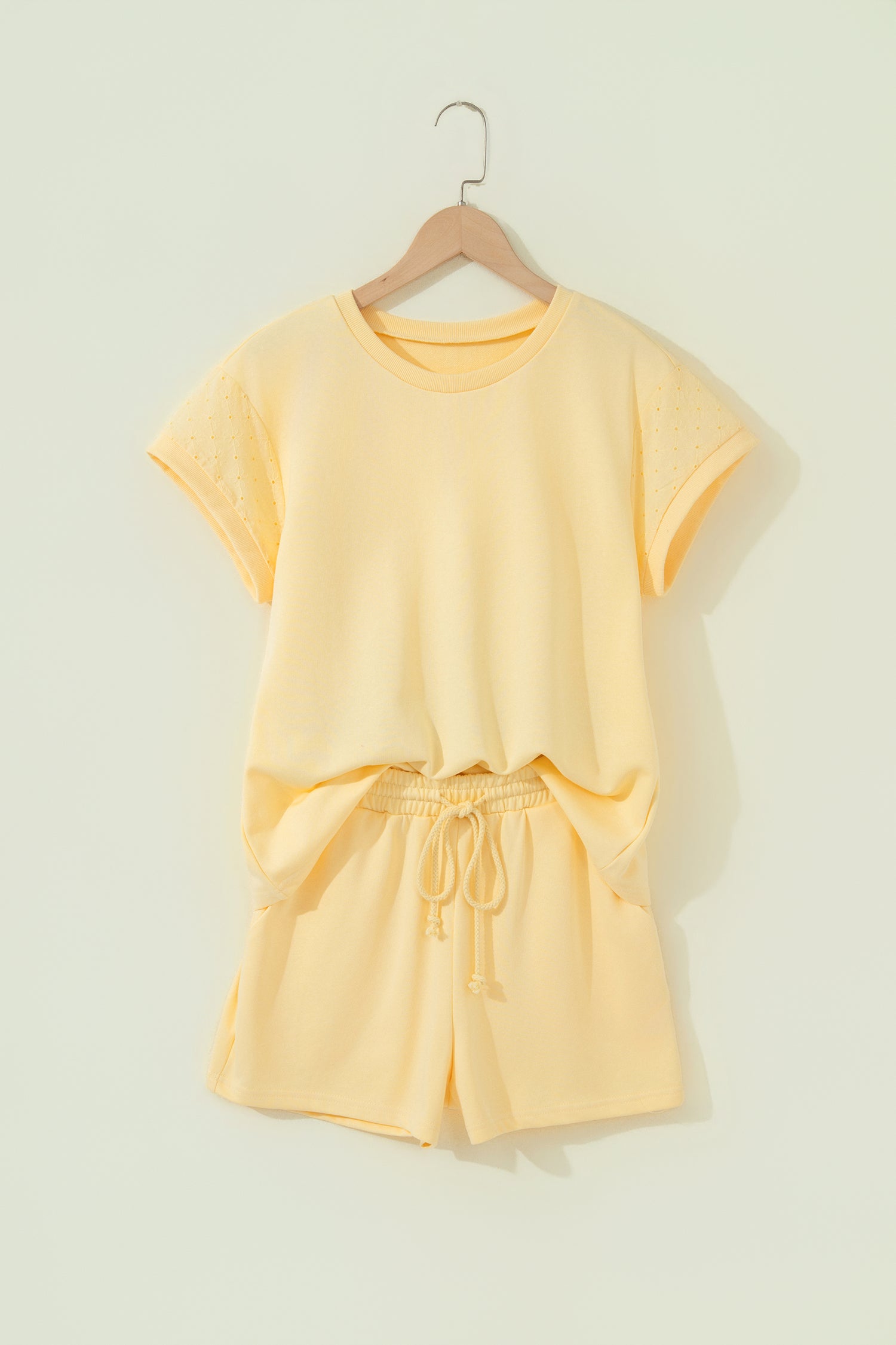 Yellow Eyelet Lace Patchwork Sleeve Top & Drawstring Shorts Set | UK 8–18