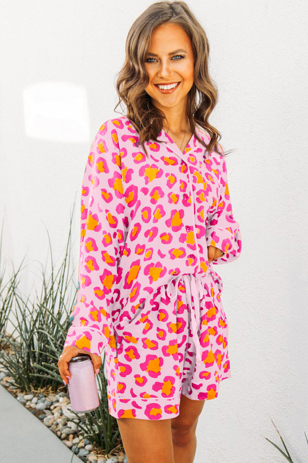 Women's Orange Leopard Print Long Sleeve Shirt and Shorts Pyjama Set Nightwear PJ Lounge at LivelyLooks