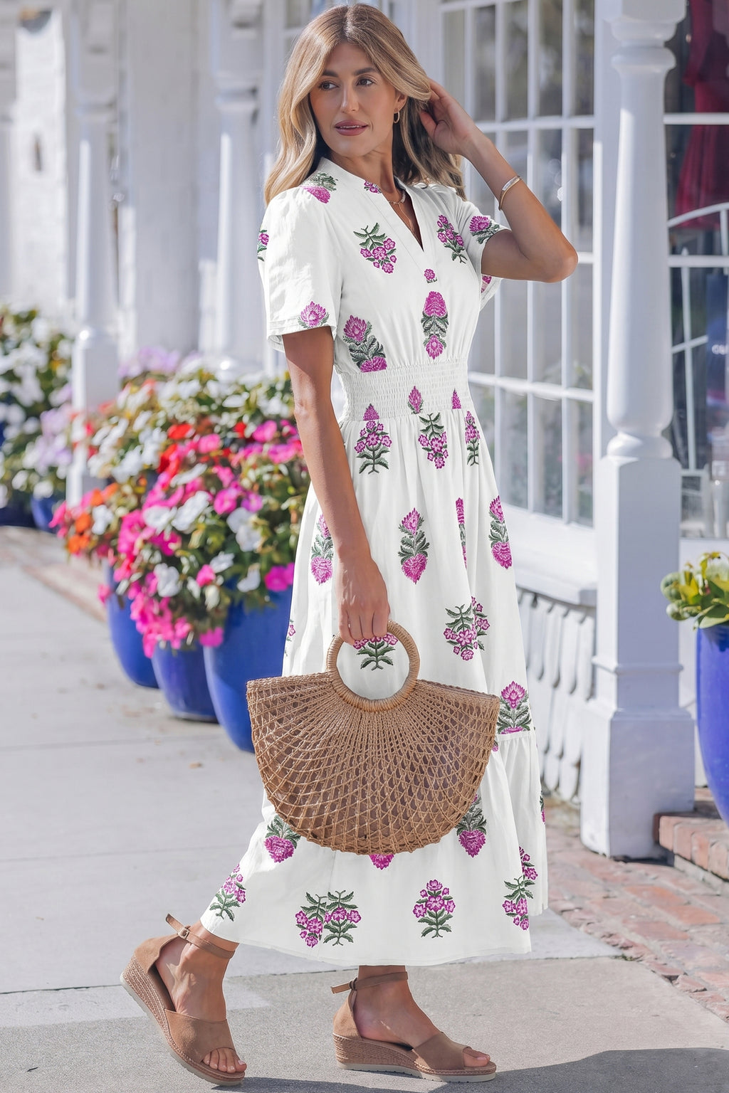 Floral Print Split Neck Shirred High Waist Ruffle Hem Maxi Dress | White & Green | UK 8–22