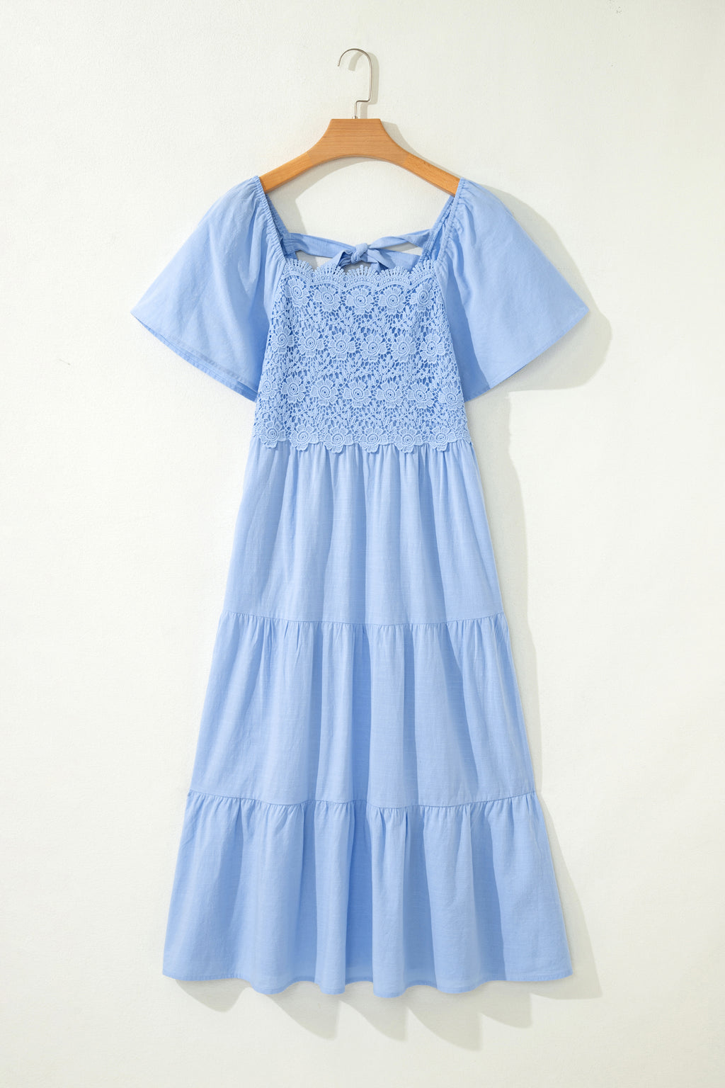 Women's Blue Flowy Short Sleeve Lace Detail Square Neck Tiered Midi Dress S-XL at LivelyLooks