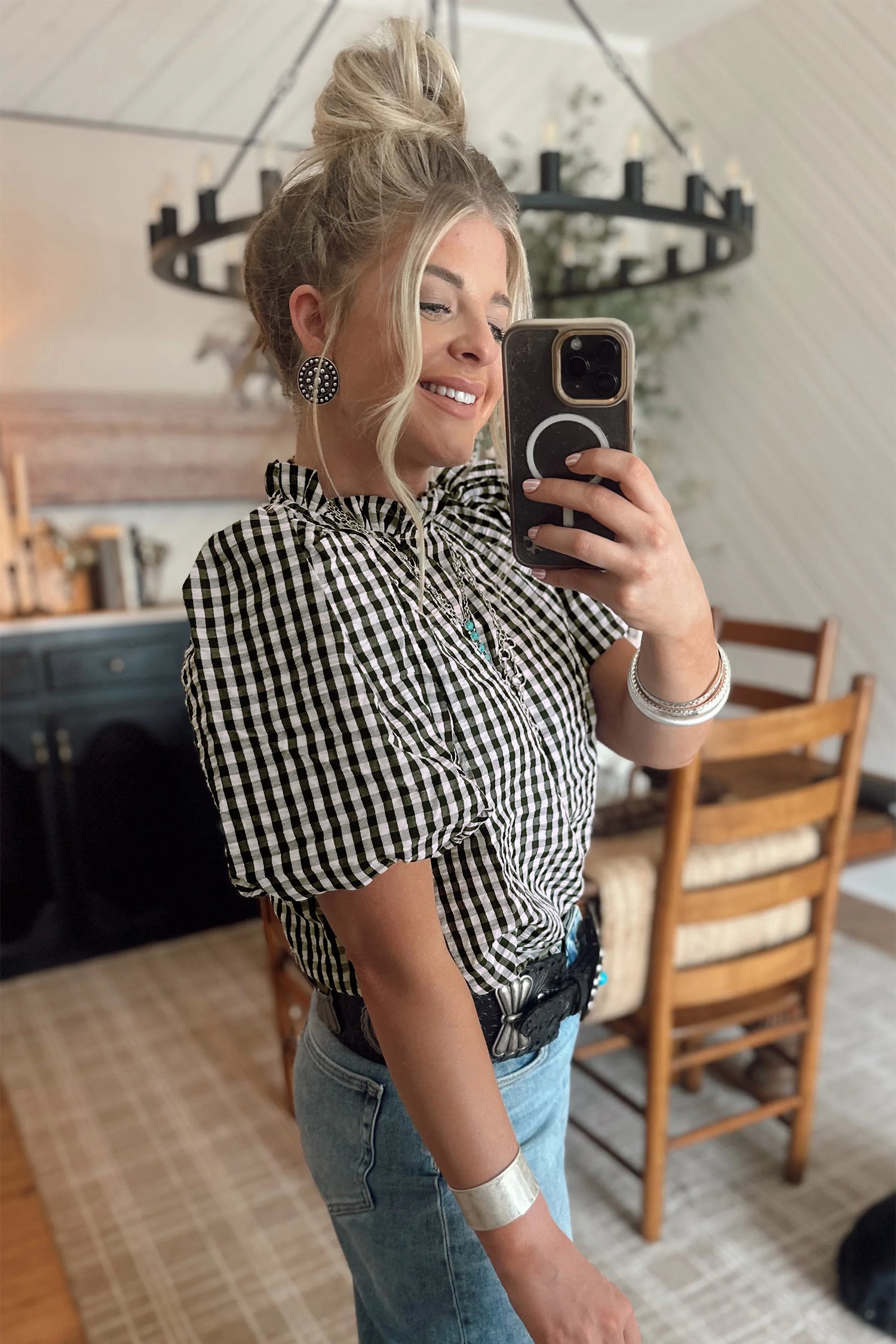 Black Plaid Puff Sleeve Frilled Neck Blouse S-XL