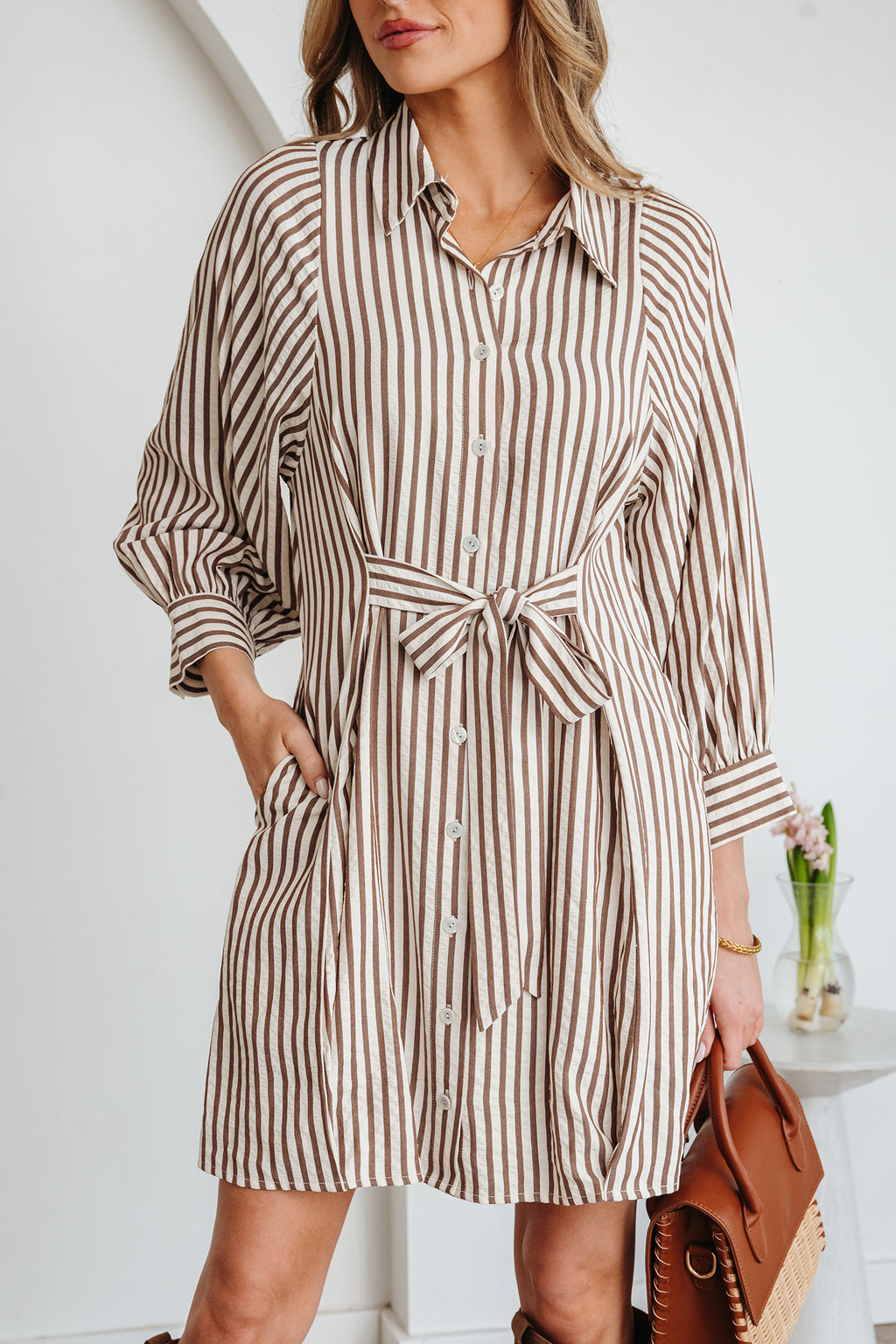 Brown Stripe Knot Waist Puff Sleeve Button Down Mini Shirt Dress S-XL