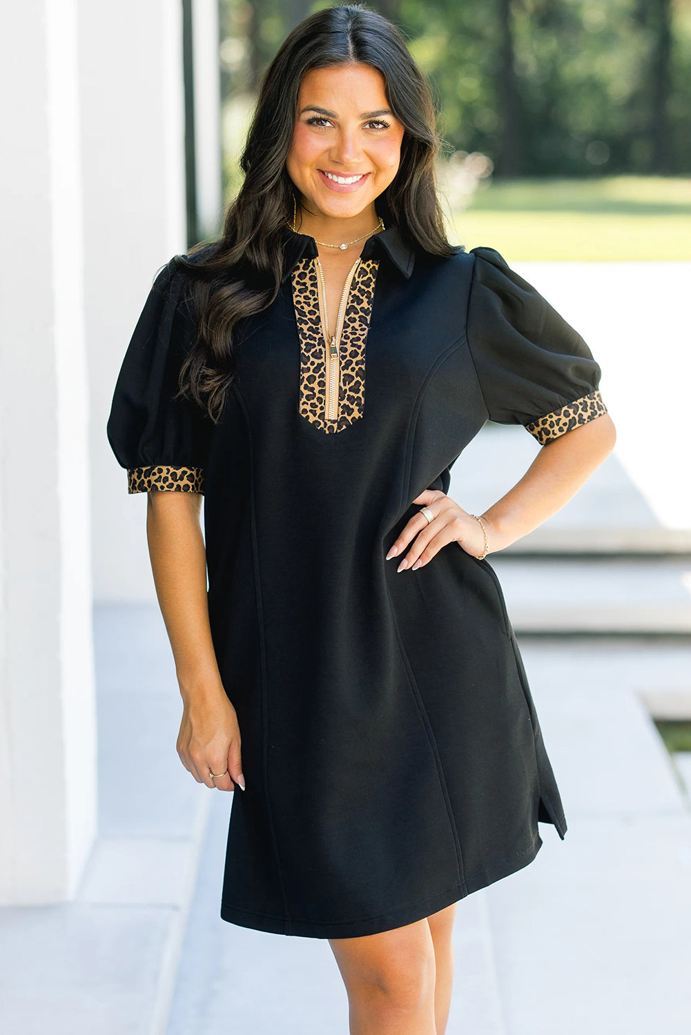 Women's Black Leopard Patchwork Zip Collared Short Puff Sleeve Shift Mini Dress at LivelyLooks