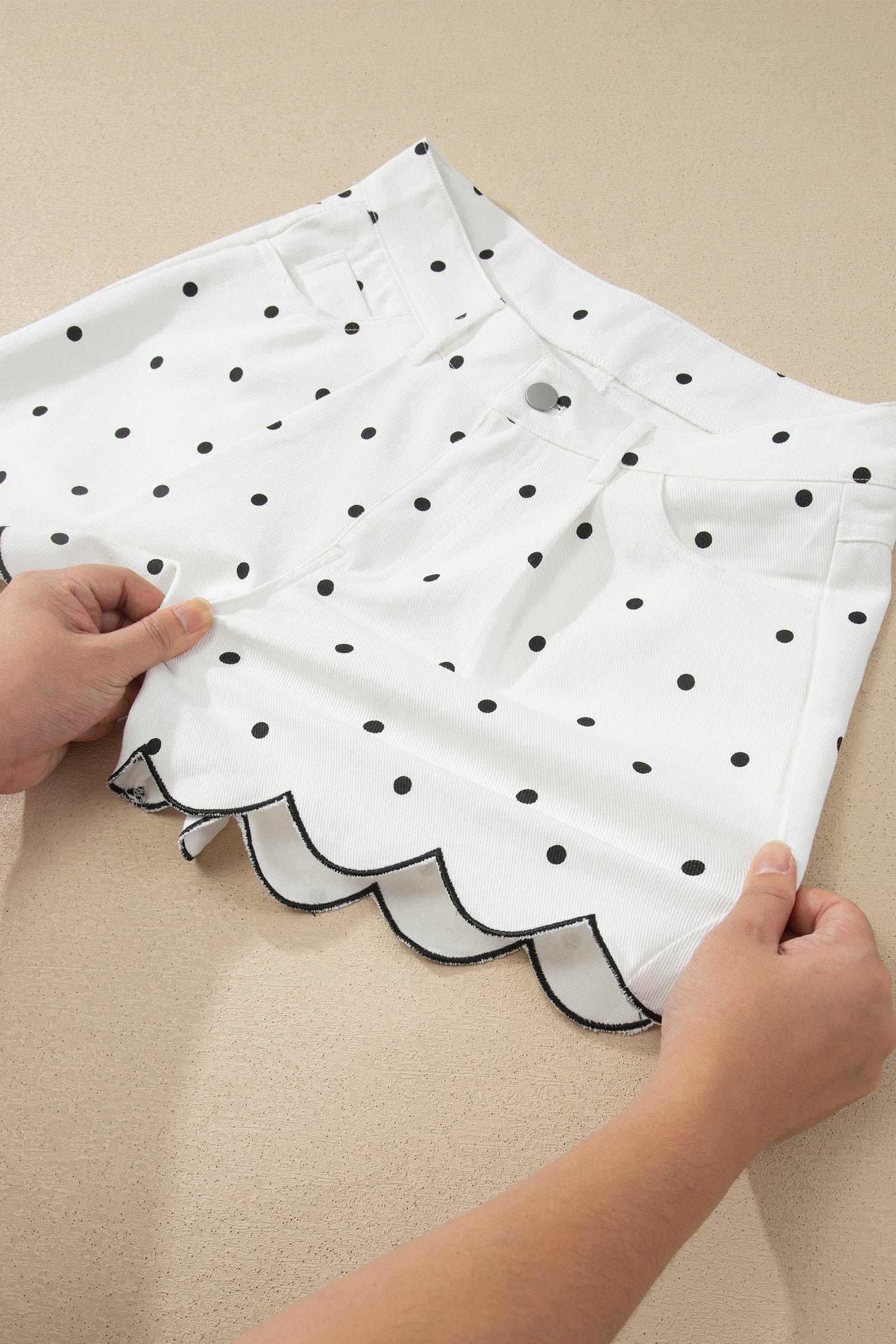 Women's White Polka Dot Embroidered Scallop Hem Shorts | UK 8-20 at LivelyLooks