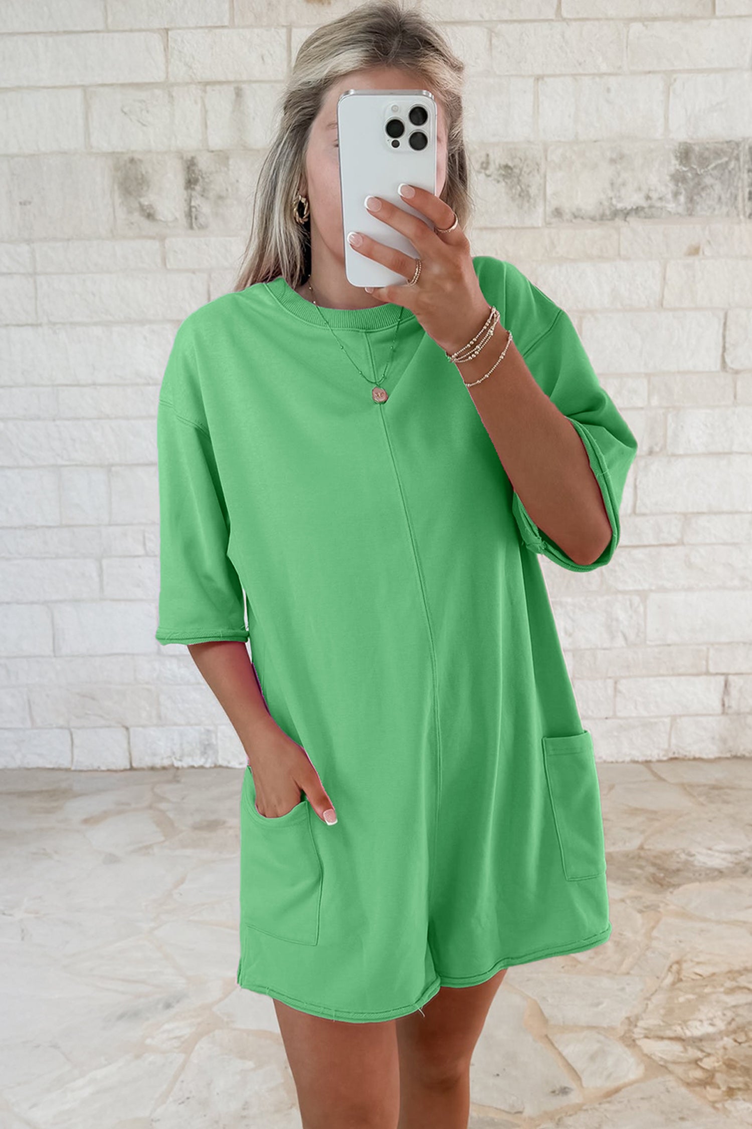 Women's Solid Colour Raw Edge Half Sleeve Pocketed Loose Romper | Green, Pink & Red | UK 8-22 at LivelyLooks