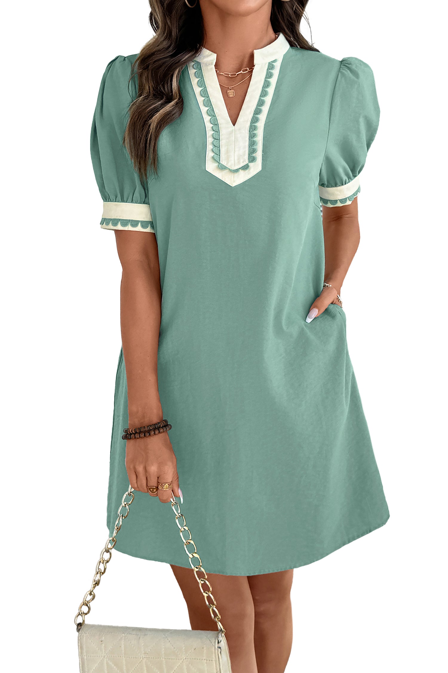 LivelyLooks Scallop Colour Block Trim Puff Sleeve Mini Dress Pink & Green women's fashion