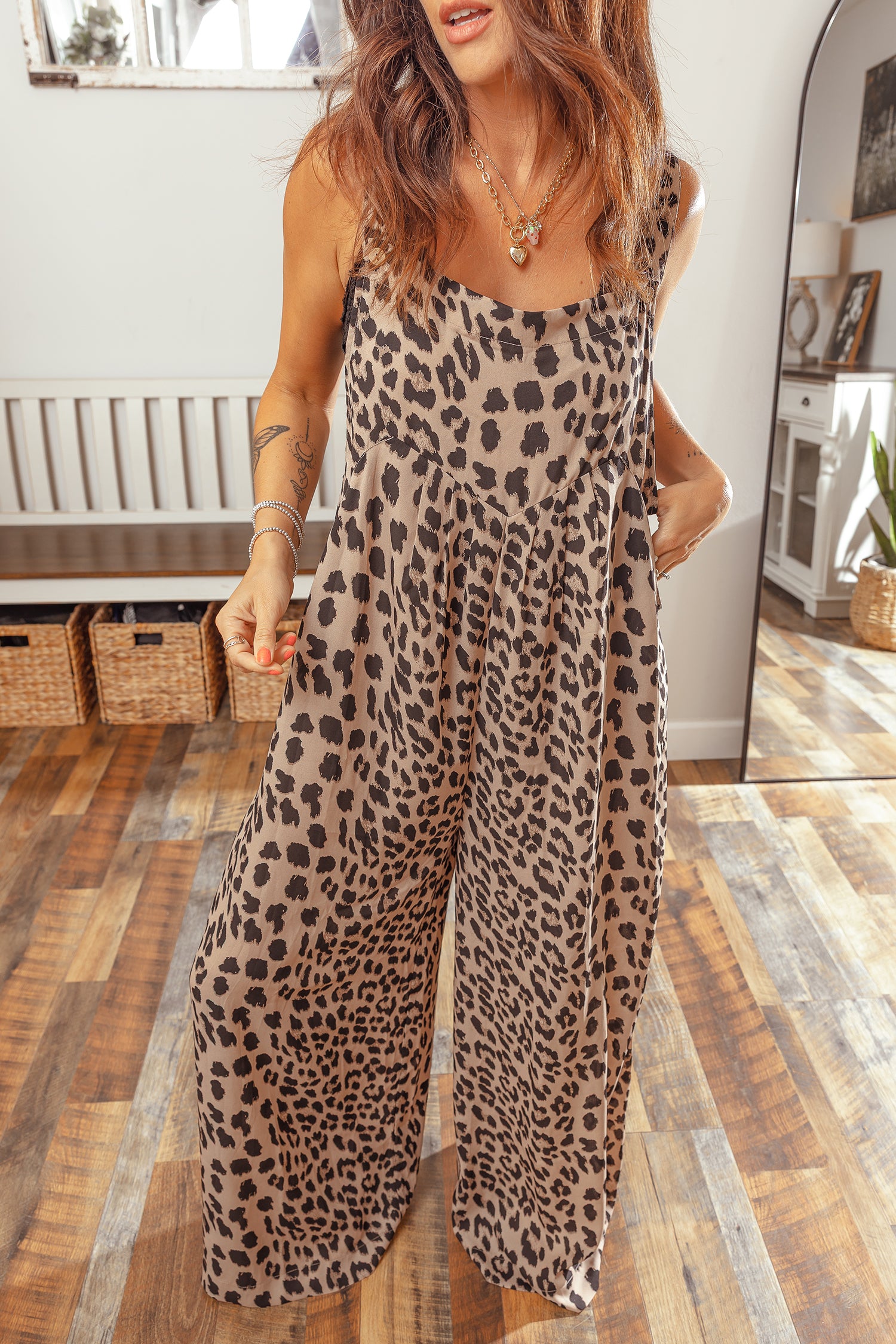 Leopard Print Square Neck Pleated Wide Leg Jumpsuit – Khaki