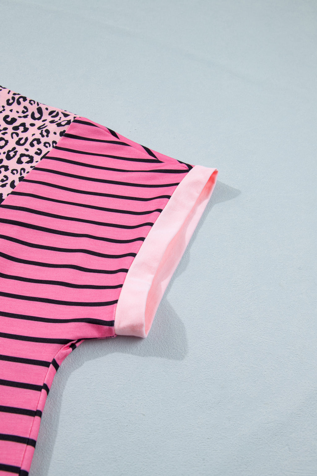 Women's Pink Leopard Striped Contrast Patchwork Plus Size Tee at LivelyLooks