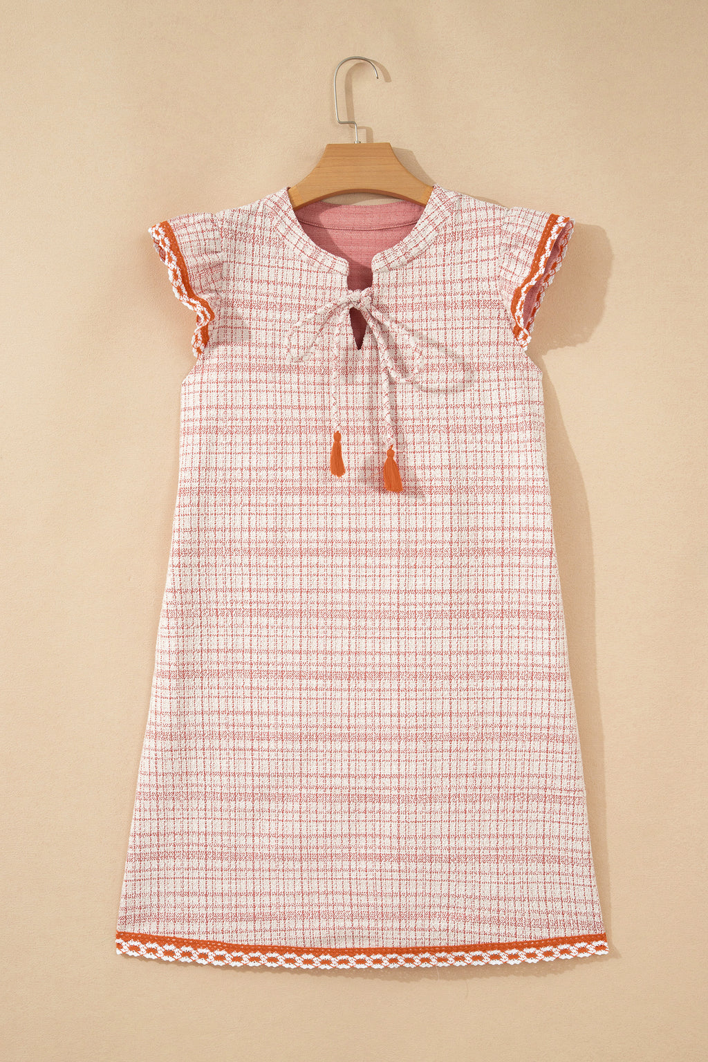 White Jacquard Textured Contrast Trim Tassel Tie Short Sleeve Shift Dress S-XL