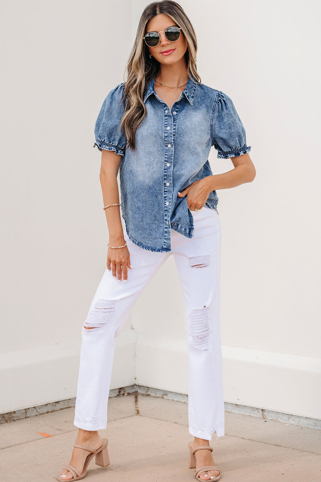 LivelyLooks Beau Blue Frilled Short Sleeve Snap Button Denim Shirt women's fashion