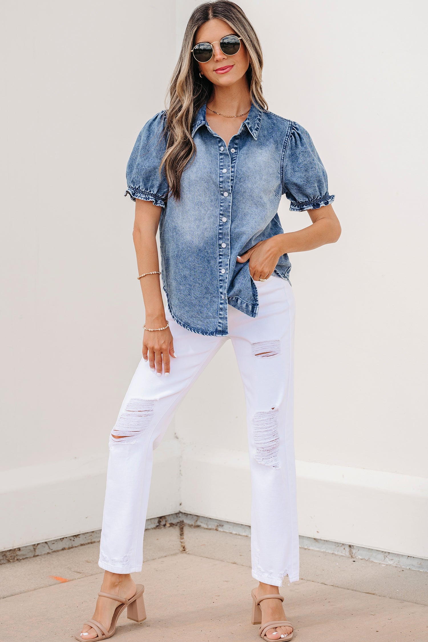 LivelyLooks Beau Blue Frilled Short Sleeve Snap Button Denim Shirt women's fashion