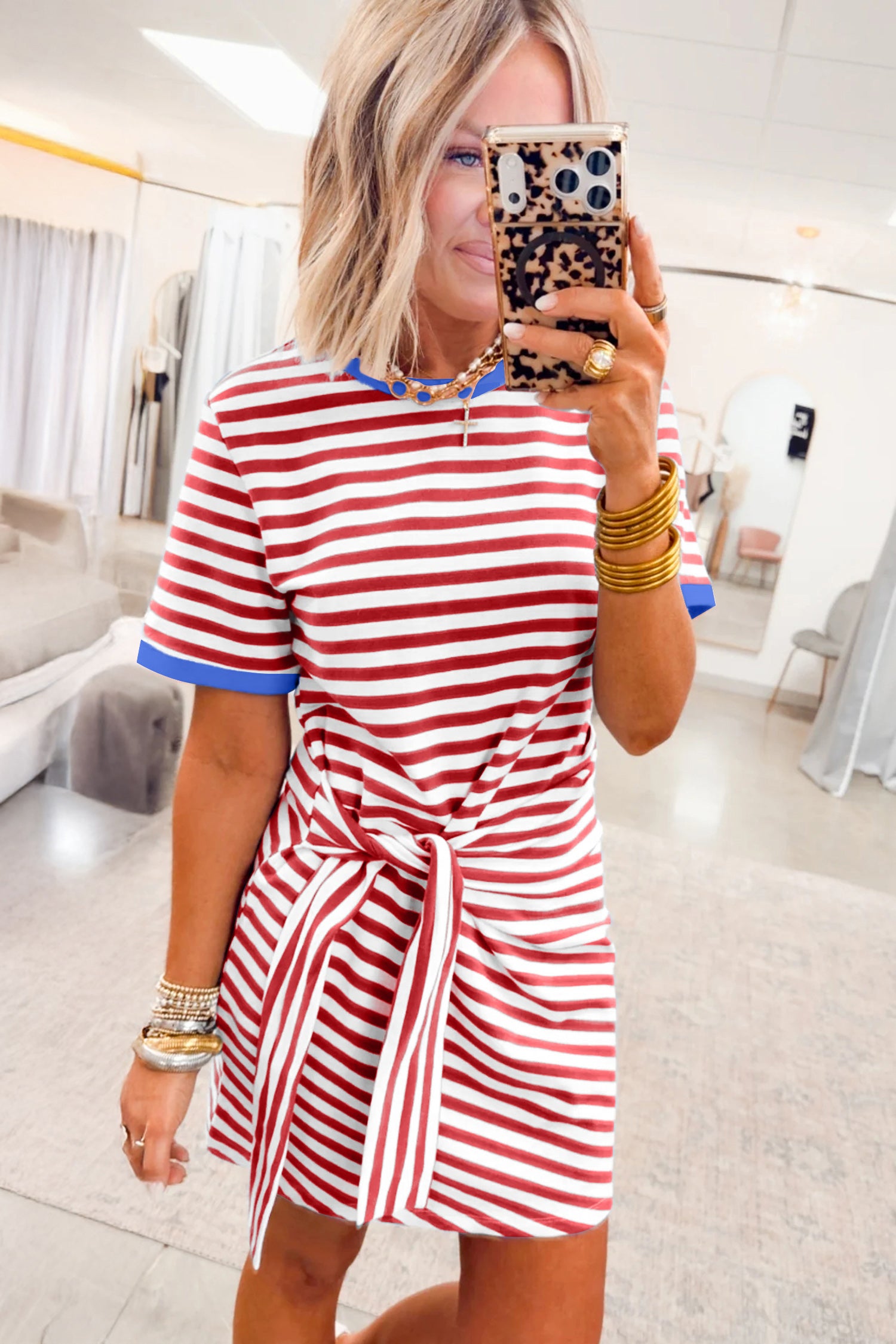 Women's Sky Blue Nautical Stripe Tie Waist Mini Dress at LivelyLooks
