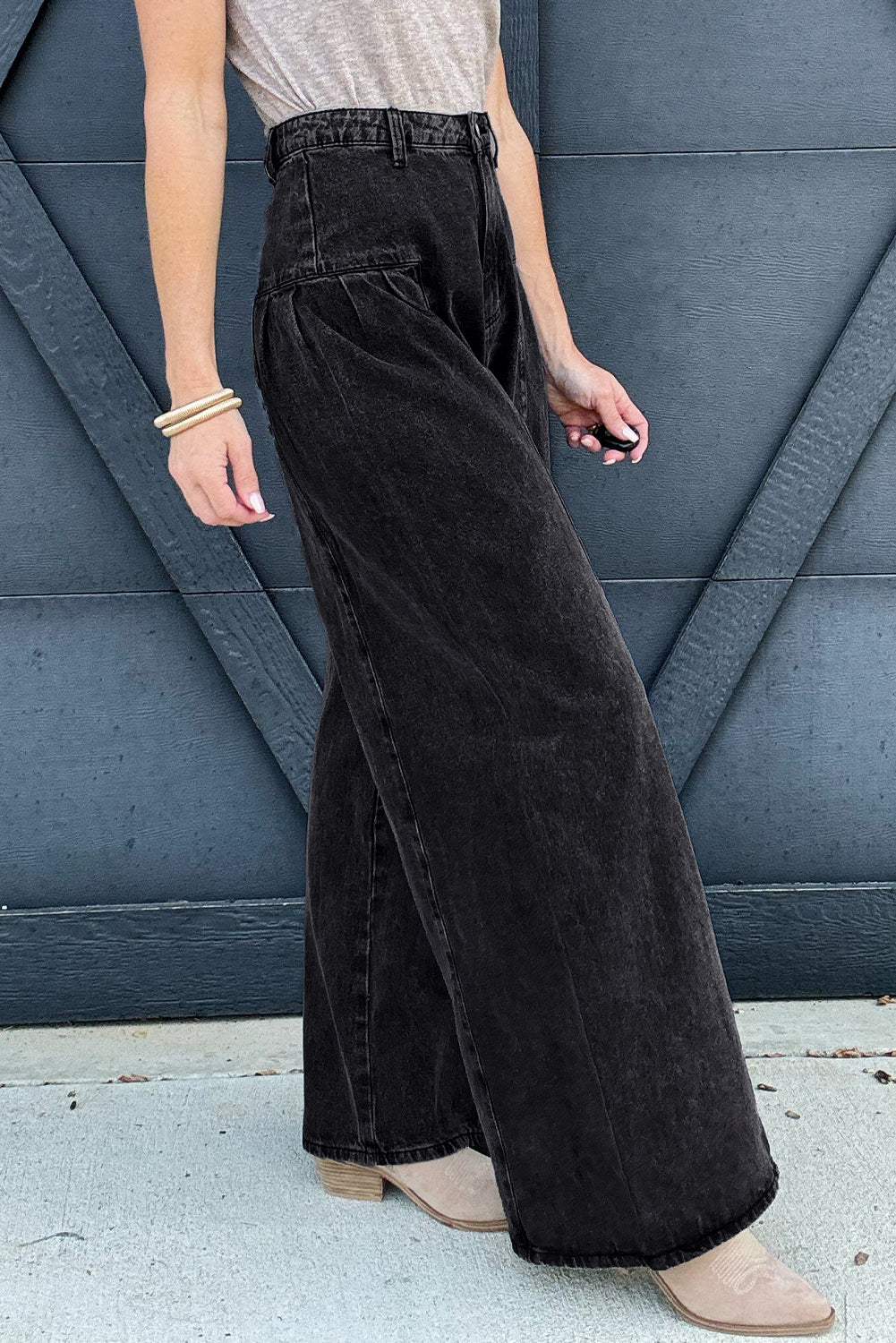 Dark Grey Pleated Wide Leg Mineral Wash Denim Pants | UK 8–18