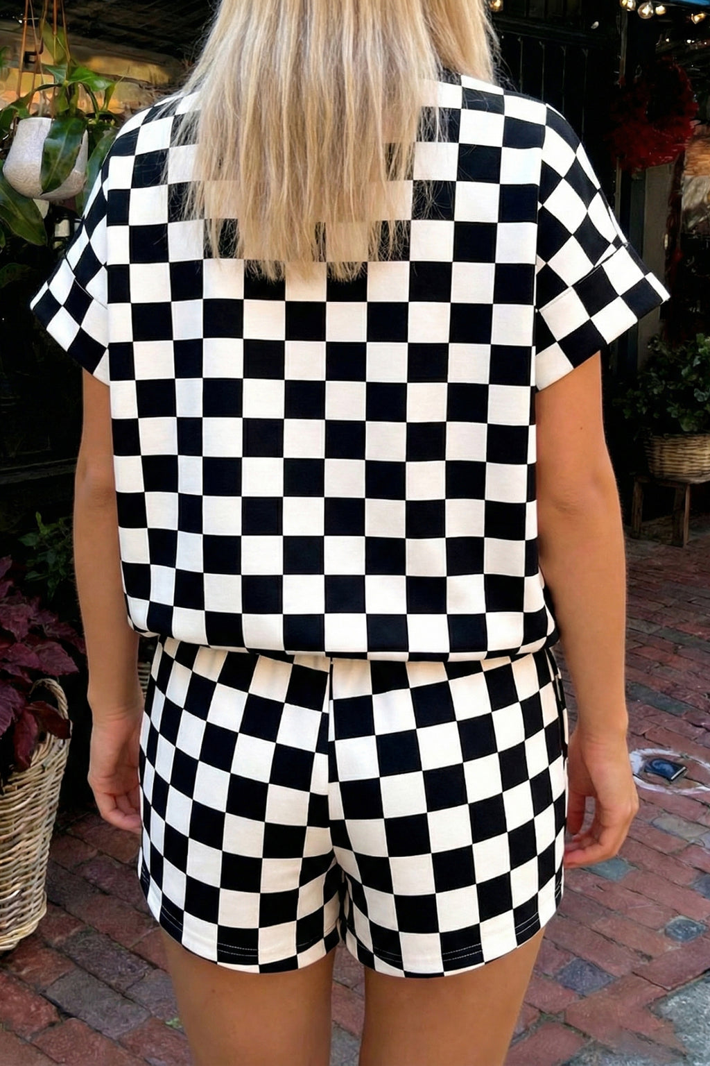Shop Pink Checkered Print Colour Block Trim Mock Neck Short Set Two Piece Co-ord PJ at LivelyLooks