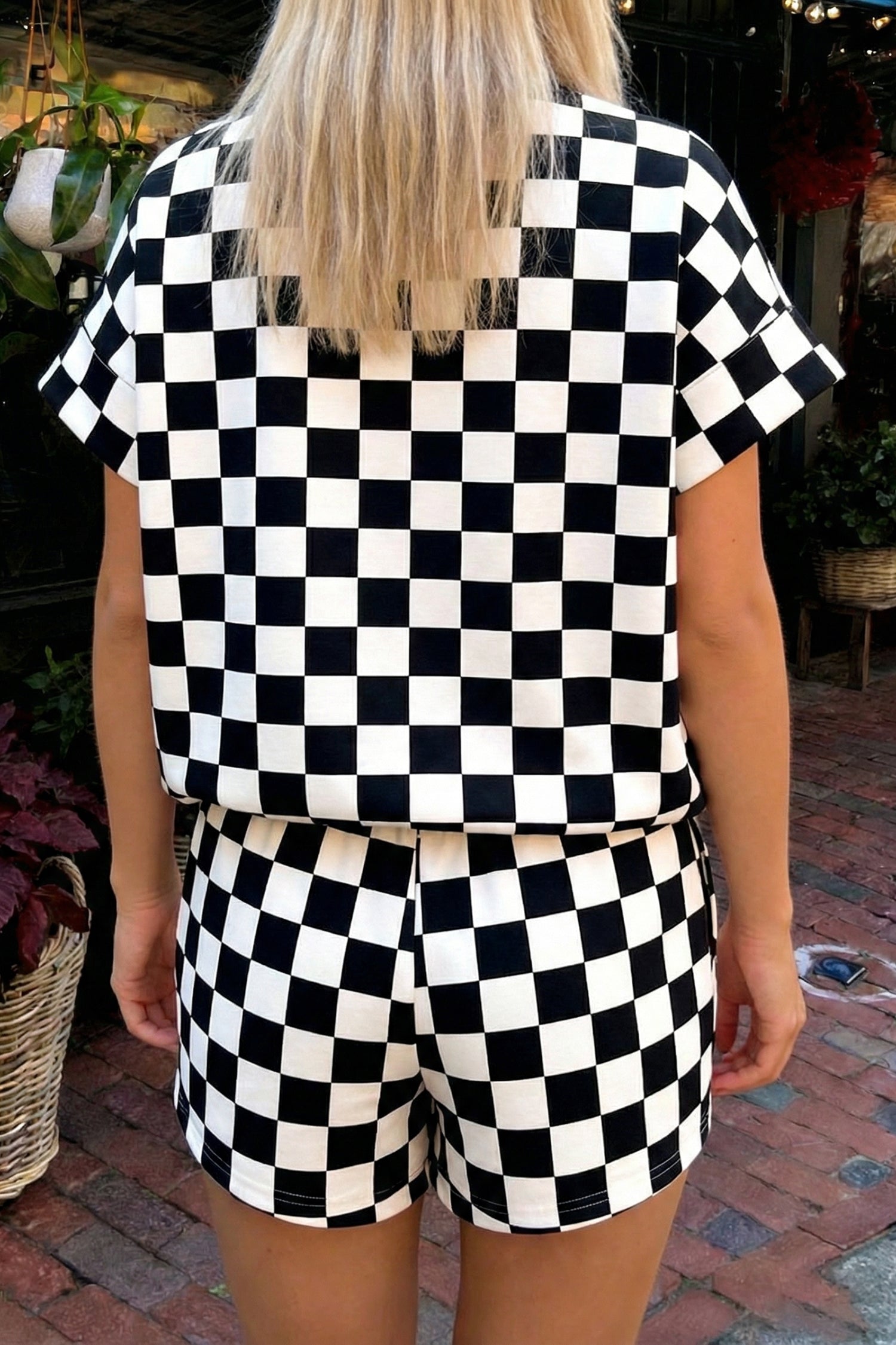 Shop Pink Checkered Print Colour Block Trim Mock Neck Short Set Two Piece Co-ord PJ at LivelyLooks