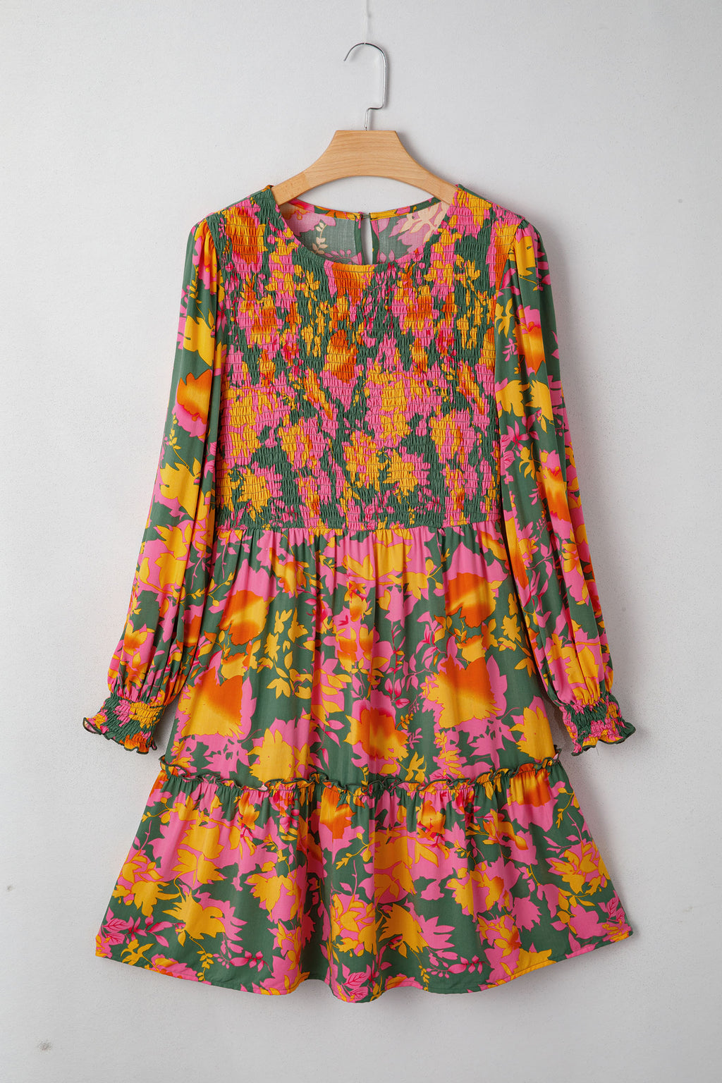 Multicolour Floral Print Long Sleeve Smocked Ruffled Mini Dress | UK 8–22