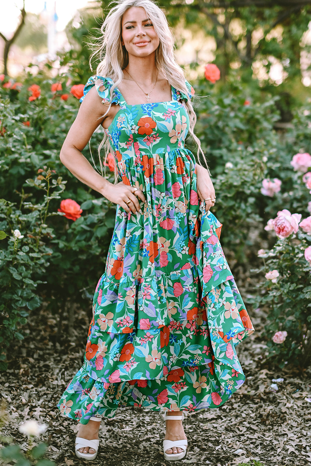 Women's Green Floral Print Sleeveless Ruffle Tiered Maxi Dress at LivelyLooks