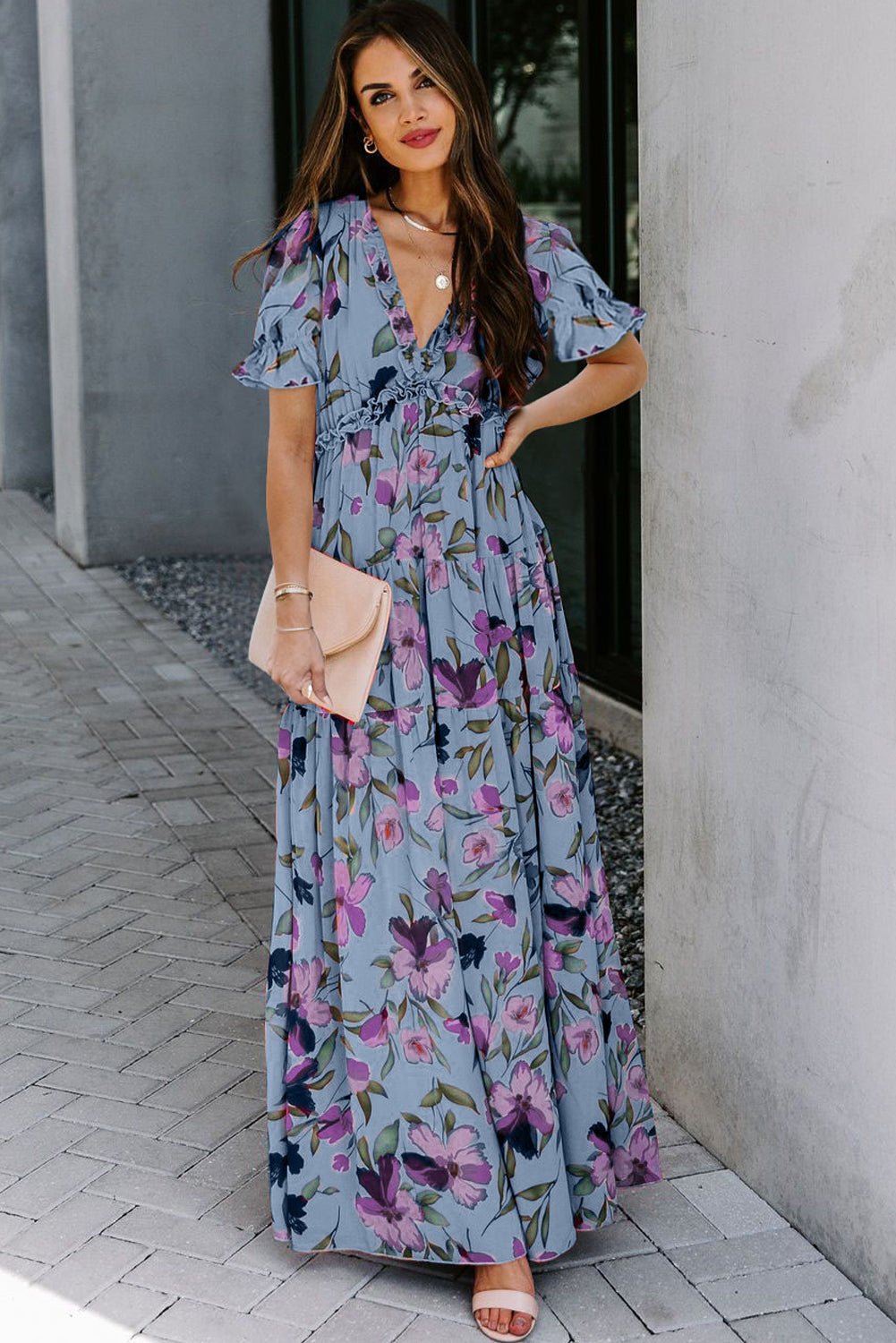Women's Floral Print Frilled V-Neck Short Sleeve Maxi Dress Blue Black Green S-XL at LivelyLooks