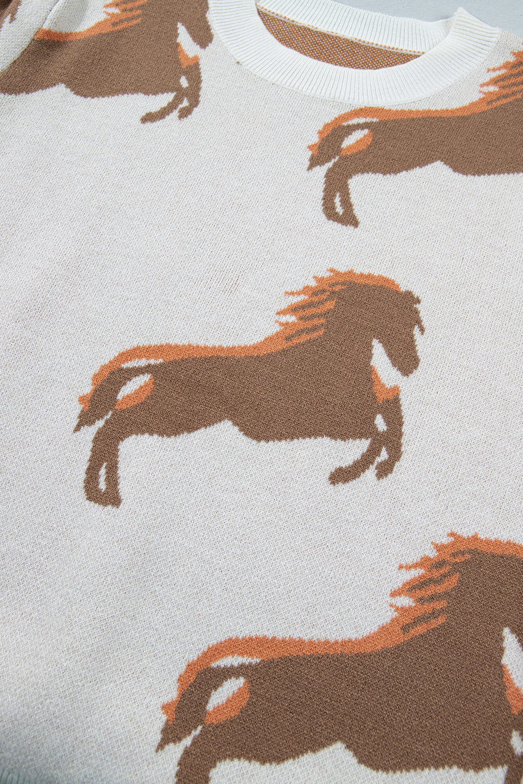 White Western Horse Print Sweater Short Puff Sleeve Women S-XL