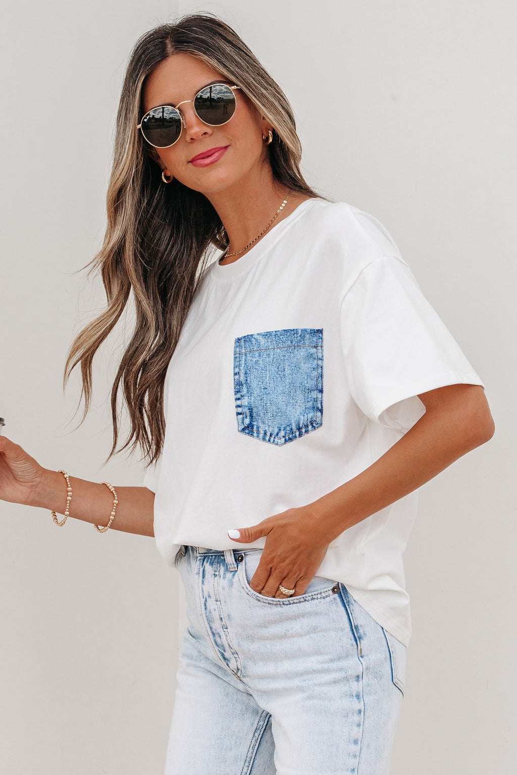 LivelyLooks Sail Blue Colour Block Chest Pocket Casual Short Sleeve Top women's fashion