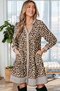 Women's Brown Leopard Stripe Patchwork 3/4 Sleeve Loose Mini Dress at LivelyLooks