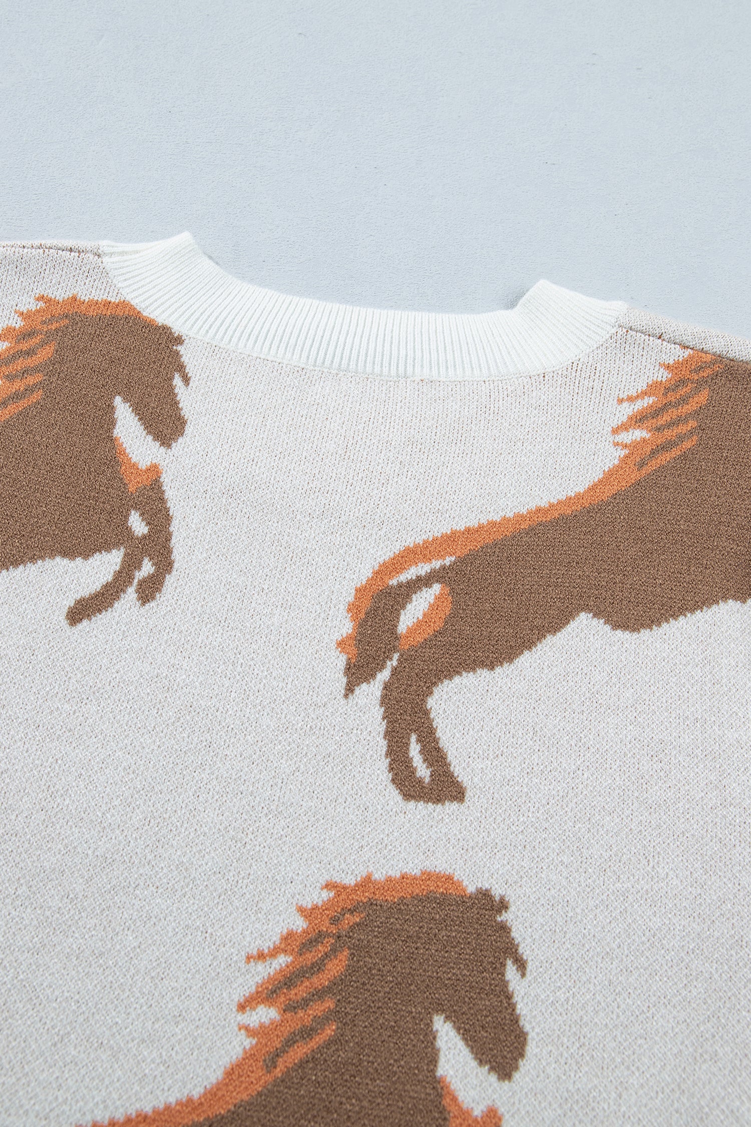 White Western Horse Print Sweater Short Puff Sleeve Women S-XL