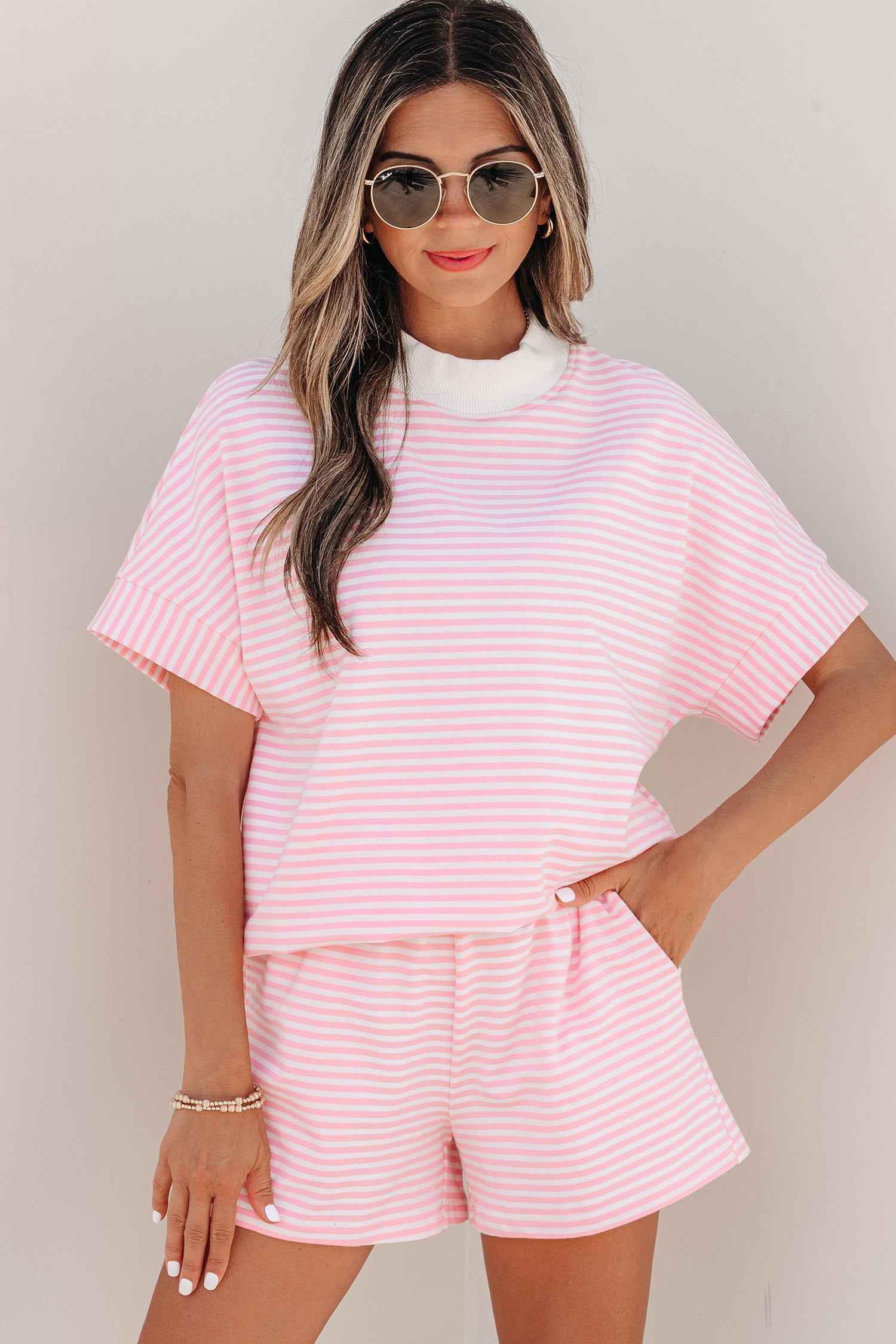 Striped Cuffed Sleeve Mock Neck Tee & Shorts Co-ord | Sky Blue, Pink & Green