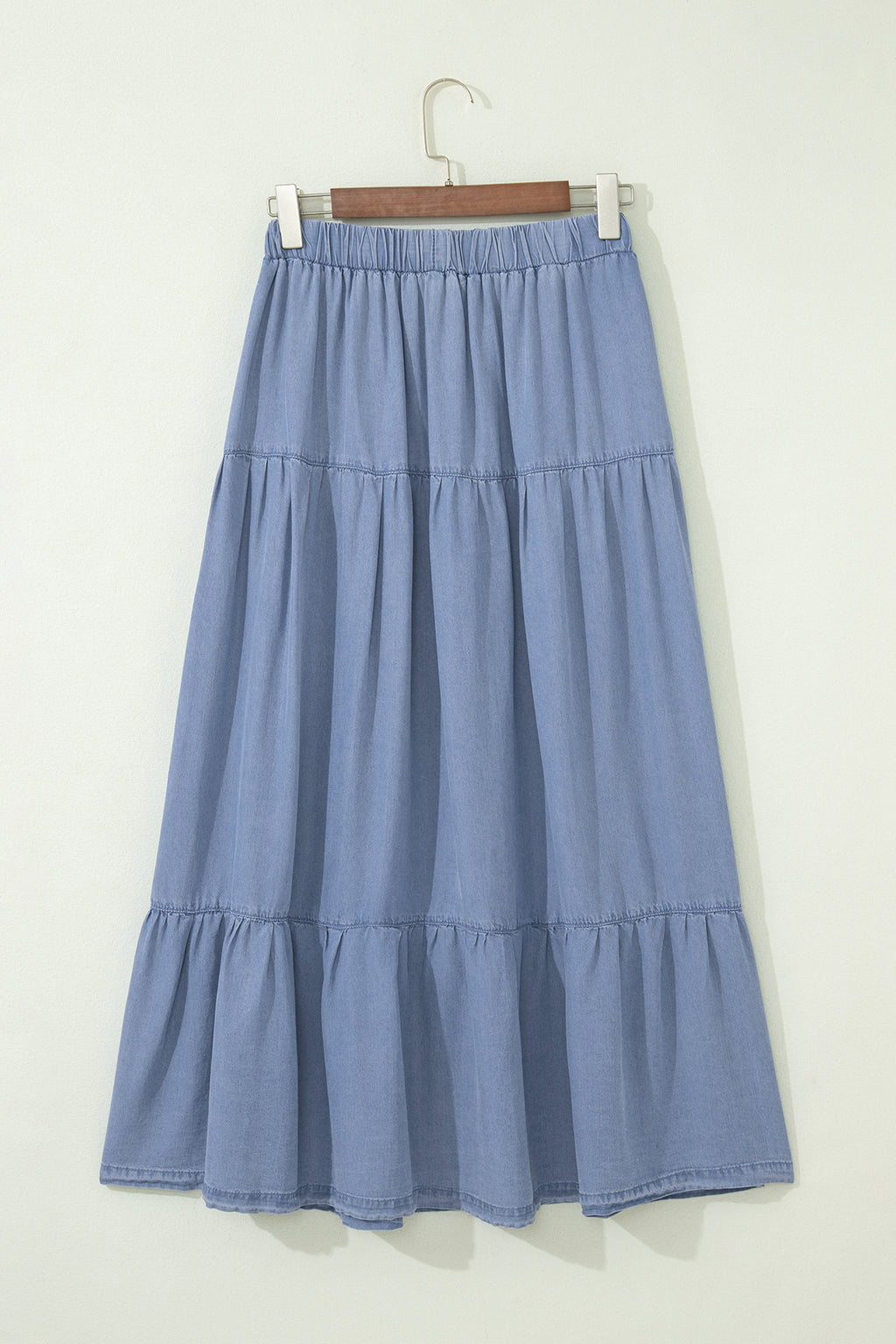 Women's Women's Flared Denim Maxi Skirt Tiered Ruffled Elastic Waist Blue S-XL at LivelyLooks