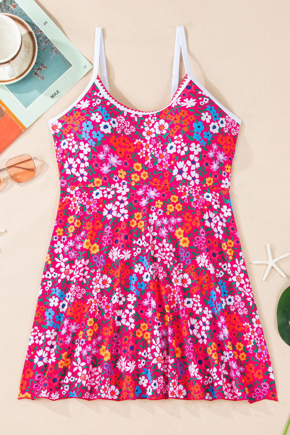 Women's Women Floral Print Ricrac Trim Spaghetti Strap One Piece Swim Dress S-2XL at LivelyLooks