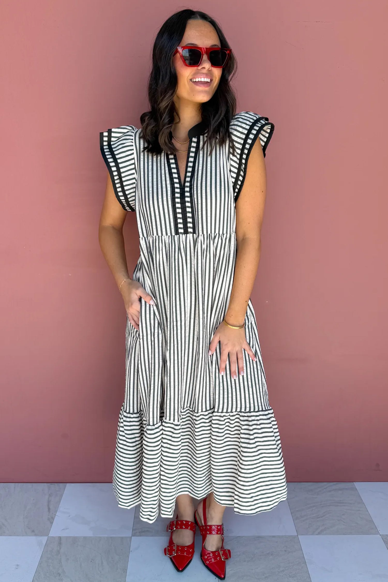Black & Brown Stripe Plus Size Tiered Flutter Sleeve Maxi Dress