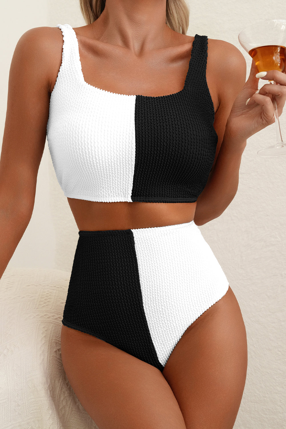 LivelyLooks Corded Colour Block Square Neck High Waist Bikini Set S-2XL women's fashion