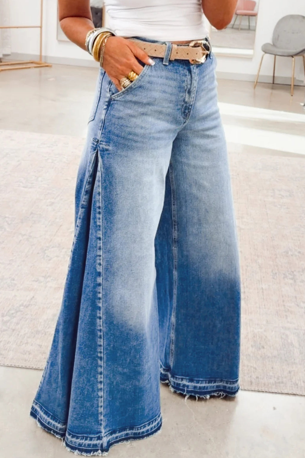 Blue Flare Leg Jeans Side Seam Gathering Wide Leg Denim UK 4-16