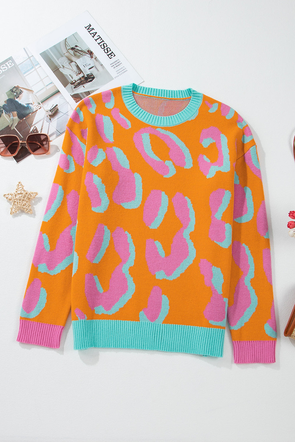Orange Leopard Colourblock Ribbed Edge Sweater