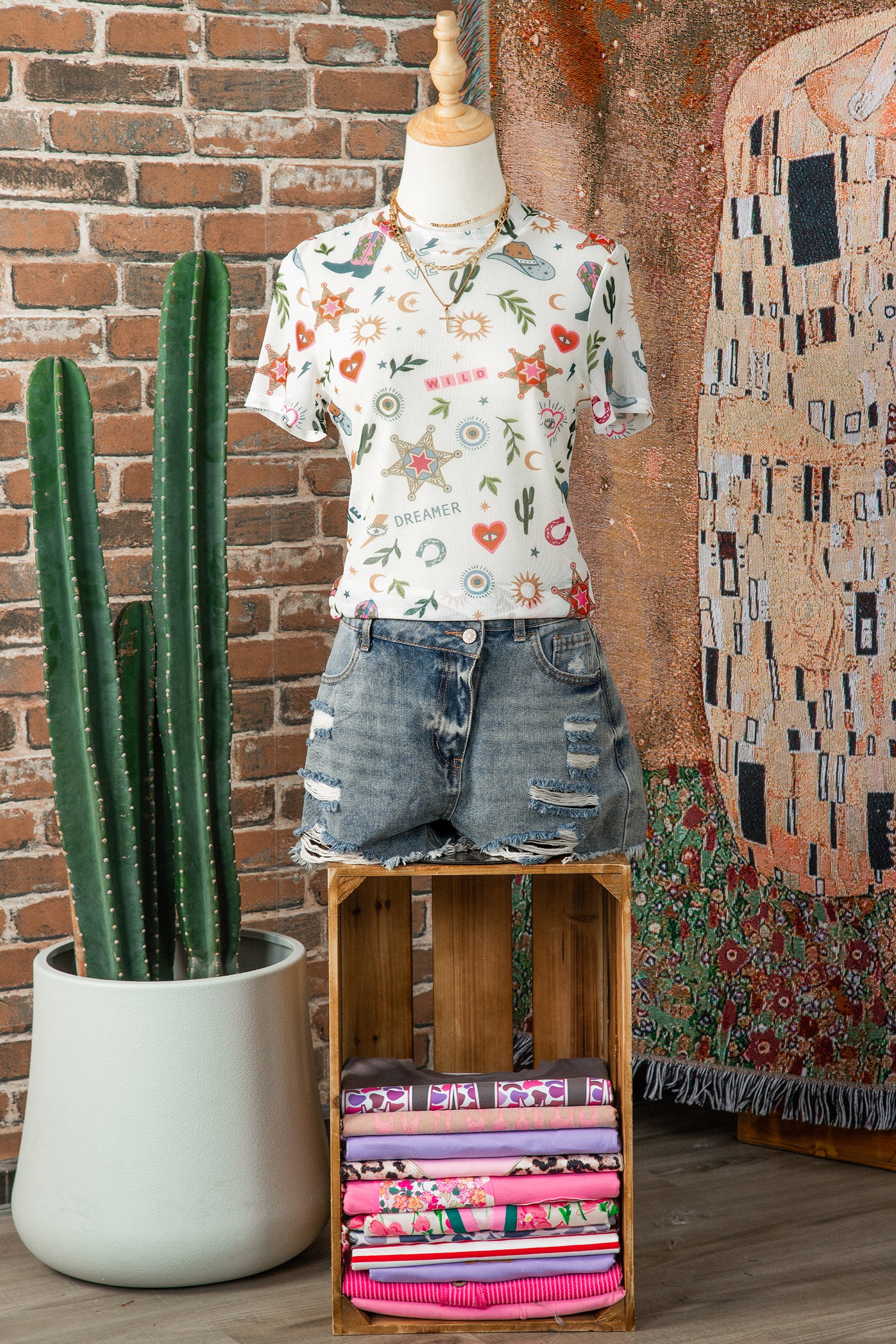 White Western Print Sheer Mesh Top Slim Fit Short Sleeve Women S-XL