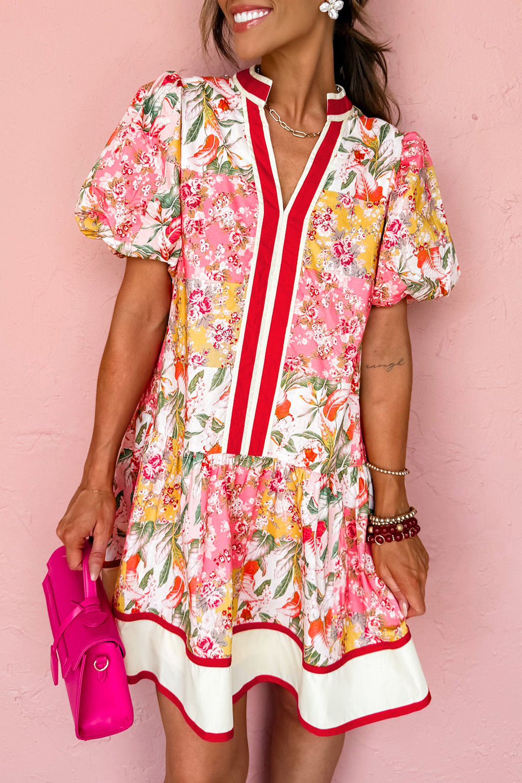 Pink Colour Block Floral Contrast Trim V Neck Ruffle Hem Mini Dress S-XL