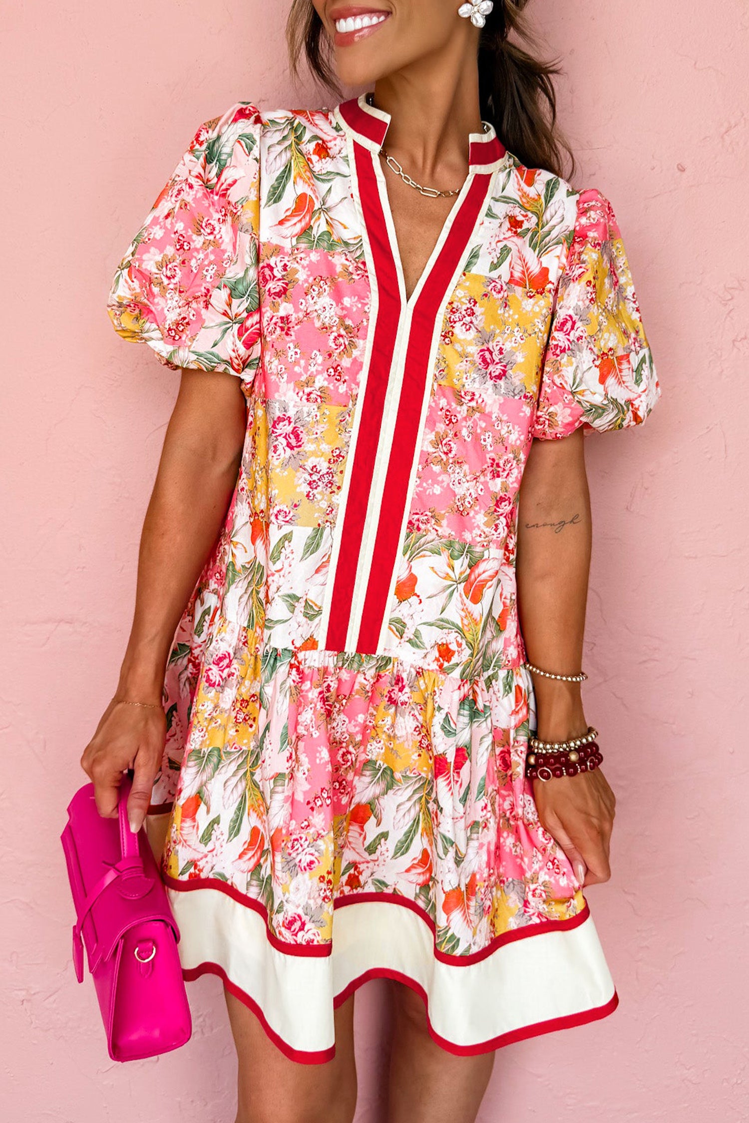Pink Colour Block Floral Contrast Trim V Neck Ruffle Hem Mini Dress S-XL