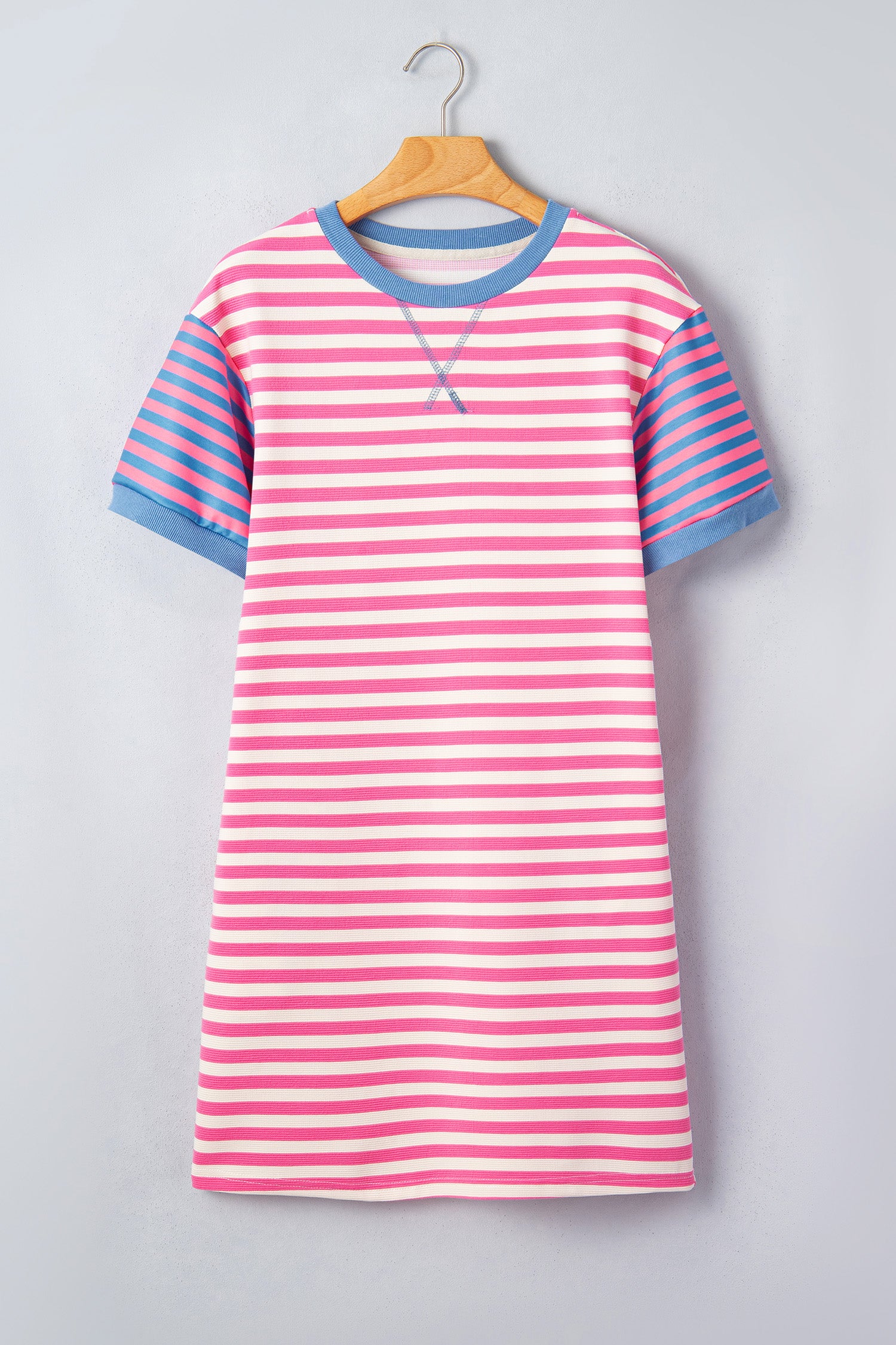 Women's Pink Stripe Patchwork Short Sleeve T-Shirt Shift Dress S-XL