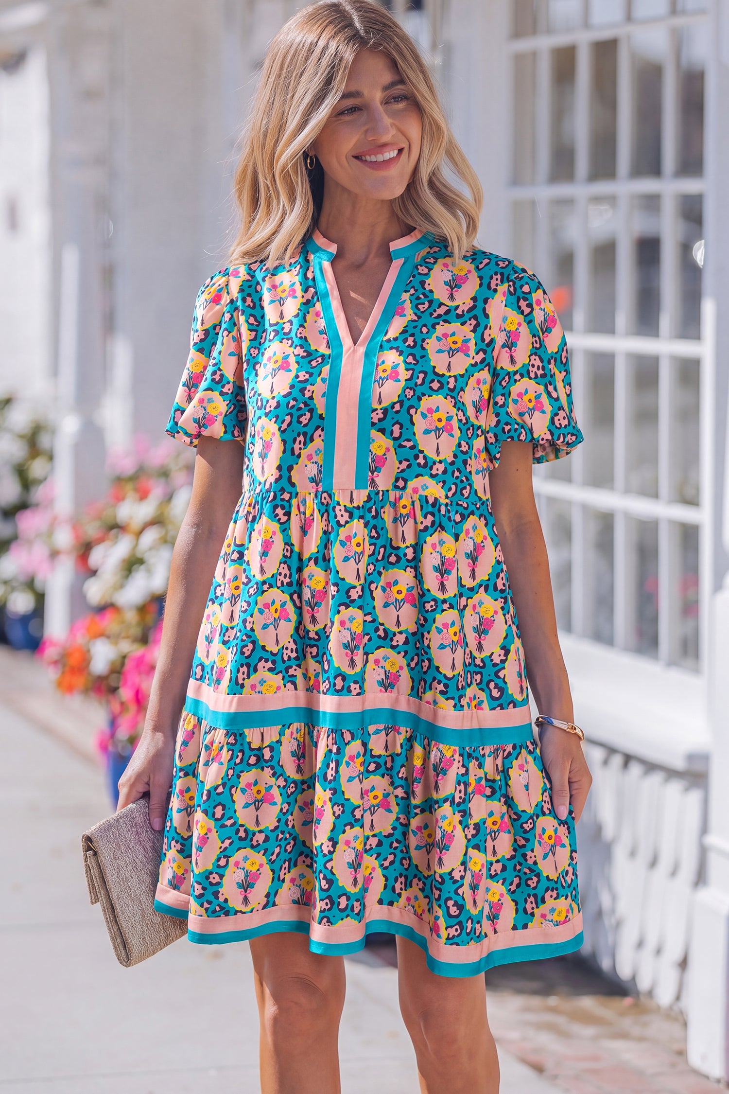 Green Leopard Floral Short Sleeve Mini Dress S-XL