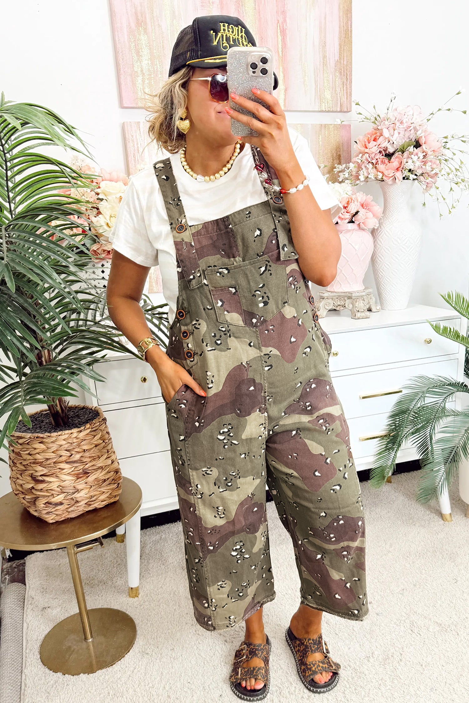 Shop Camo Leopard Denim Overall Cropped Jumpsuit | Green | S-XL at LivelyLooks