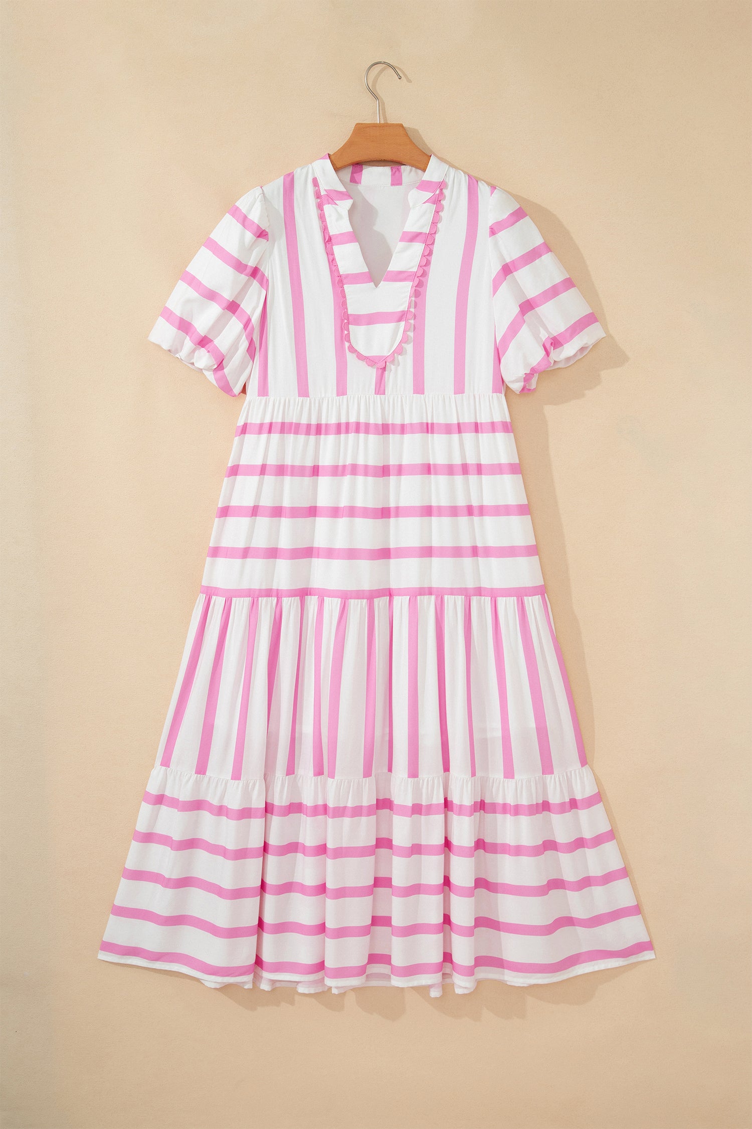 Shop Women's Stripe Ricrac Trim Notched V-Neck Puff Sleeve Midi Dress Pink at LivelyLooks