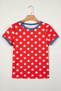 Women's Red Stars Print Colorblock Binding Tape Collar Cuff Viscose Tunic Top at LivelyLooks