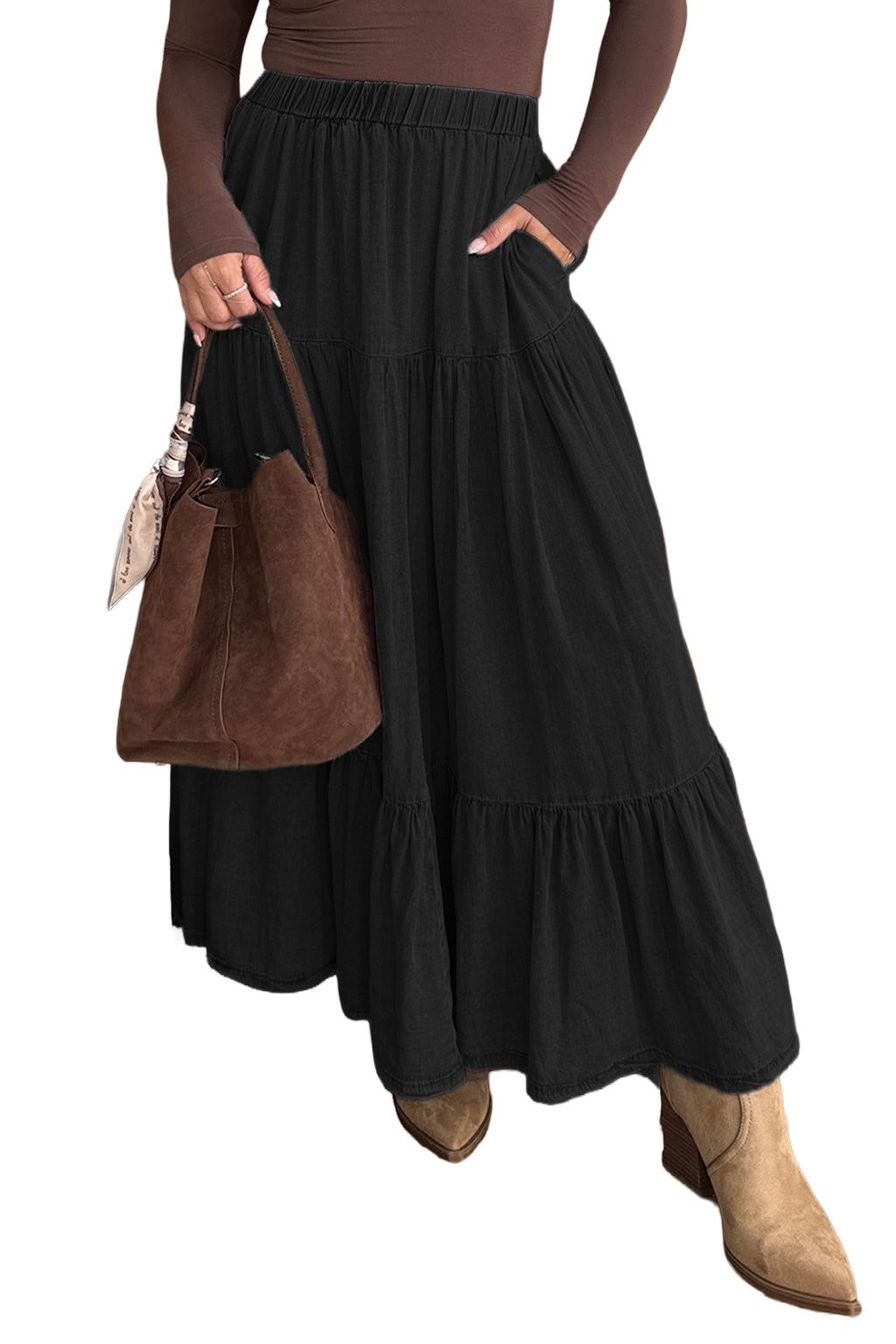 Black Elastic Waist Ruffled Tiered Flared Denim Maxi Skirt | UK 8–22